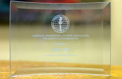 American Immigration Lawyers Association | President's Commendation | Presented to Steven Thal | June 23 2001